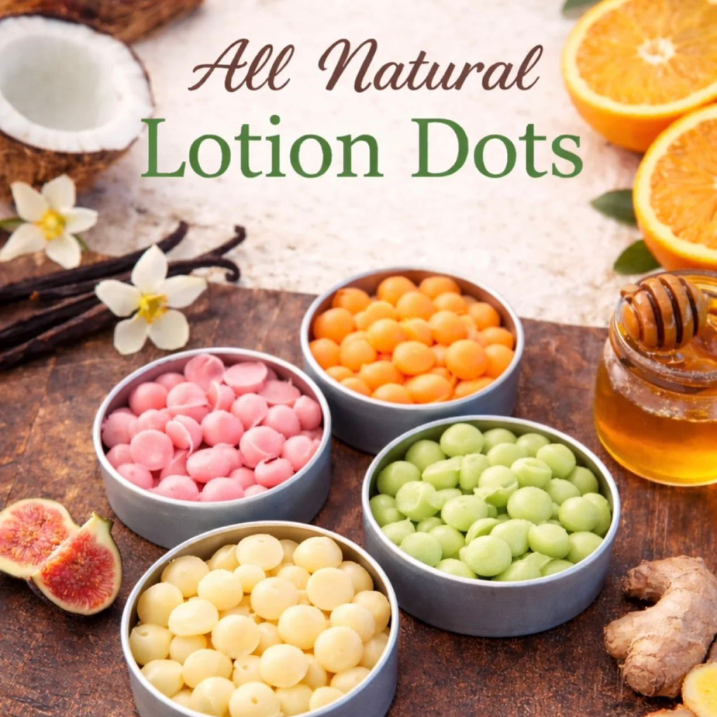 All natural lotion dots with ingredients like oranges, flowers, and honey on a wooden background.