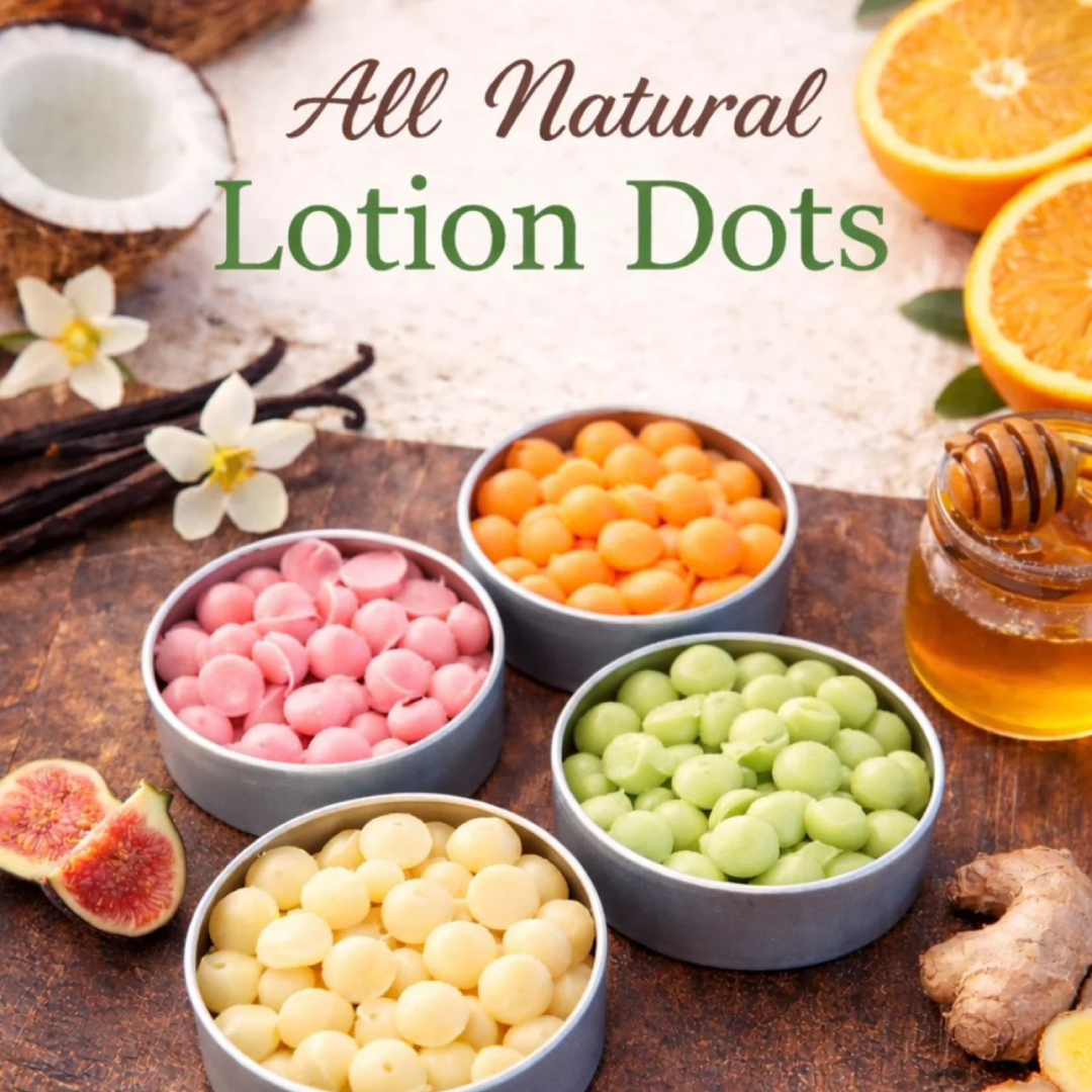 All natural lotion dots with ingredients like oranges, flowers, and honey on a wooden background.