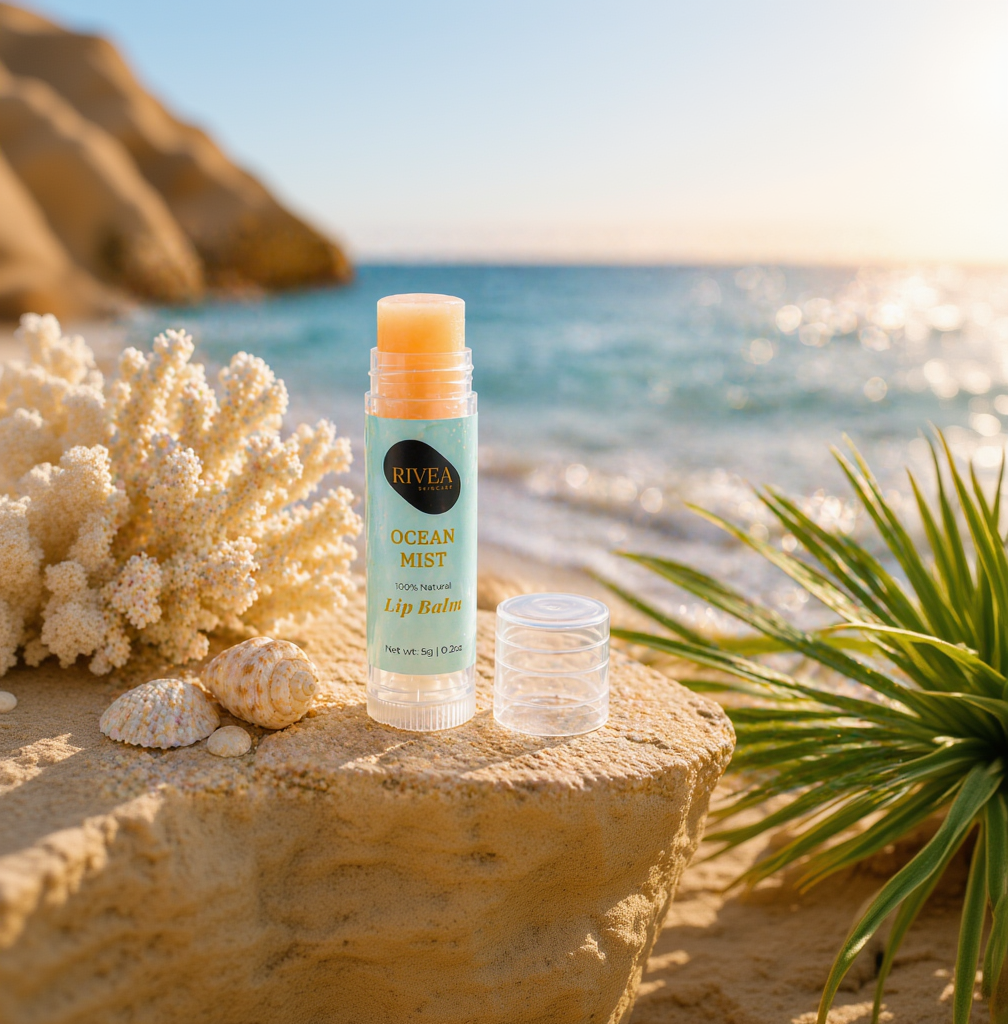 Rivea Ocean Mist lip balm on a beach setting with ocean and coral in the background
