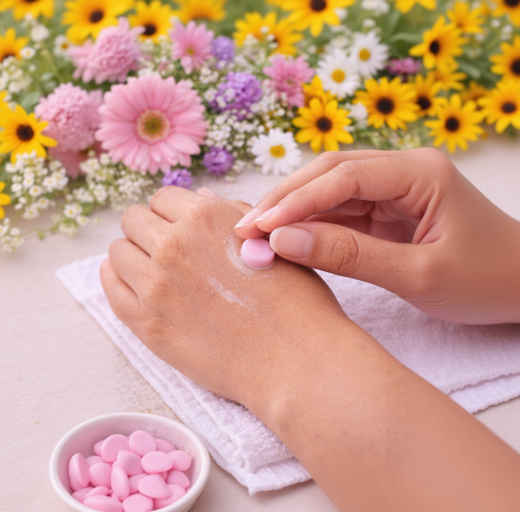 Hand applying pink cream to another hand with a floral background
