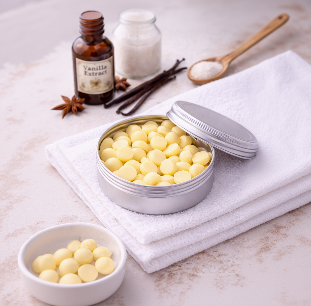 Silver tin with vanilla candies, vanilla extract, and vanilla beans on a light surface.