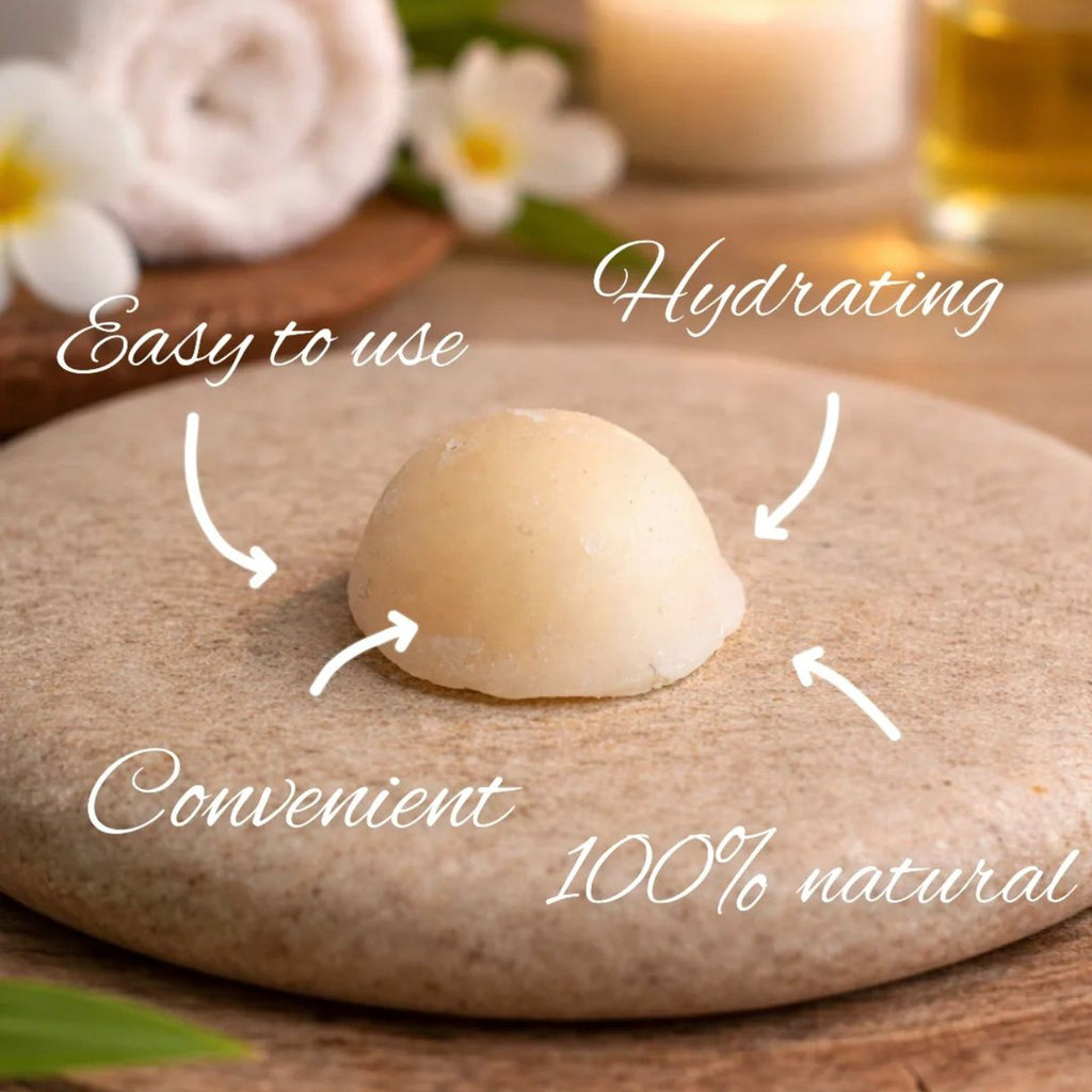 Hydrating skincare product on a wooden surface with candles and flowers in the background