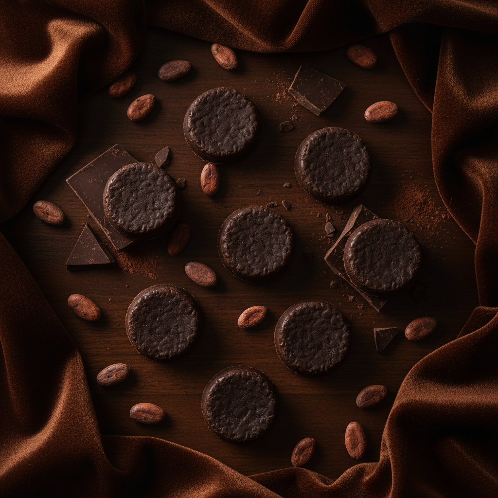 Cocoa Noir lotion dots flat lay with cocoa beans