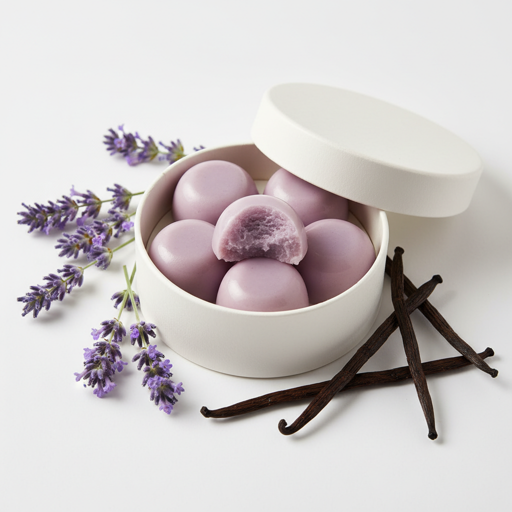 Lavender Vanilla Meadow Solid Lotion Dots with fresh lavender and vanilla beans