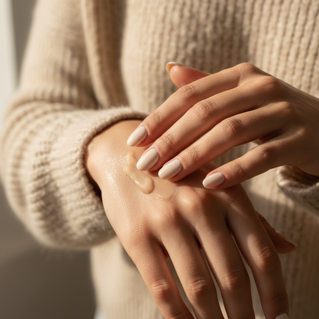 Woman applying Vanilla Cashmere solid lotion dots