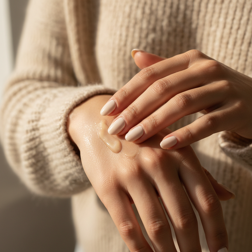 Woman applying Vanilla Cashmere solid lotion dots