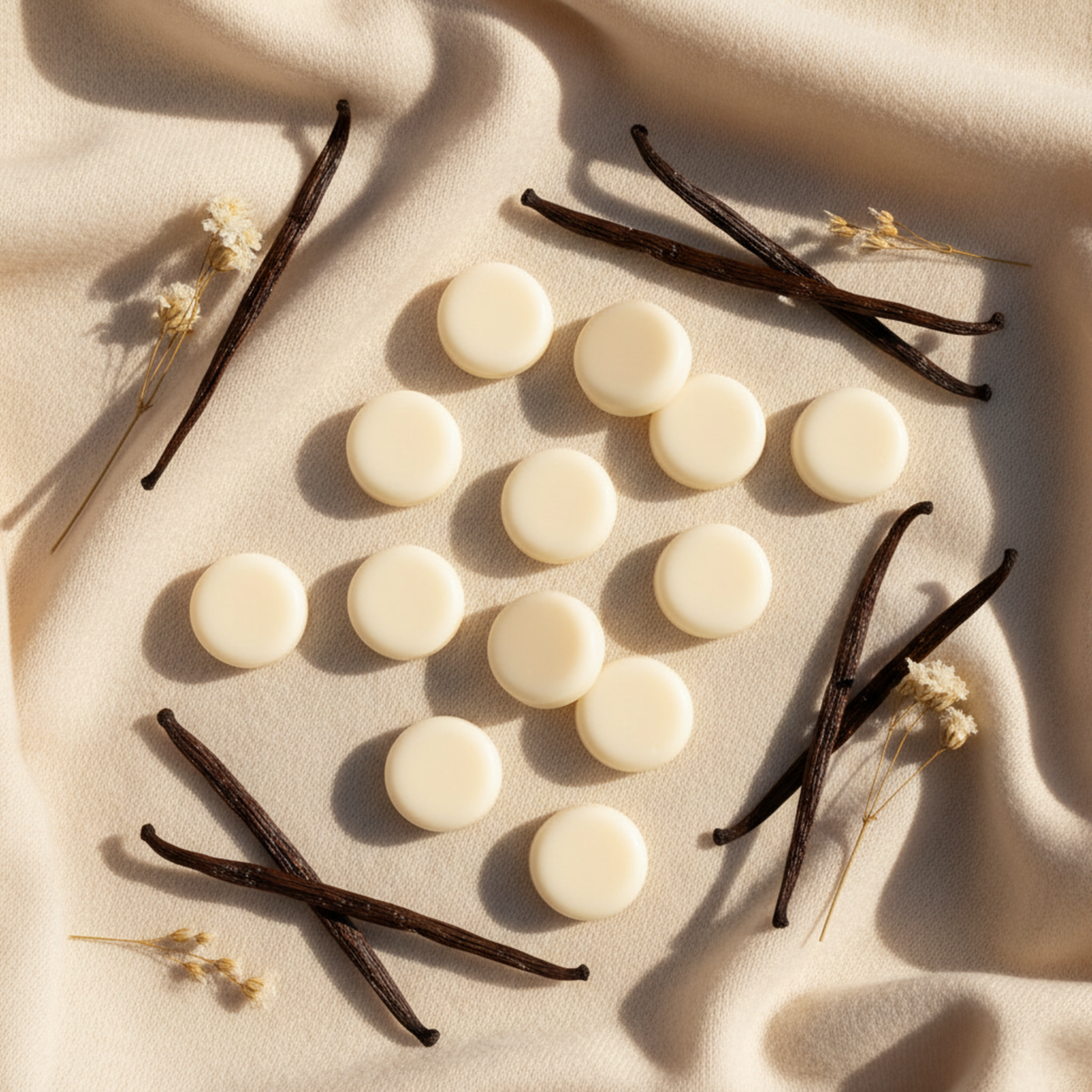 Vanilla Cashmere lotion dots flat lay with vanilla pods